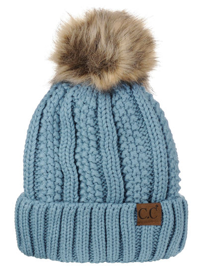 Picture of C.C Thick Cable Knit Faux Fuzzy Fur Pom Fleece Lined Skull Cap Cuff Beanie,Denim