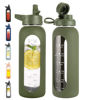 Picture of CIVAGO 40 oz Glass Water Bottle with Straw and Handle, Large Sports Motivational Water Bottle Flask with Time Marker and 2 Lids, Leakproof Water Jug Canteen with Silicone Sleeve for Gym,Army Green