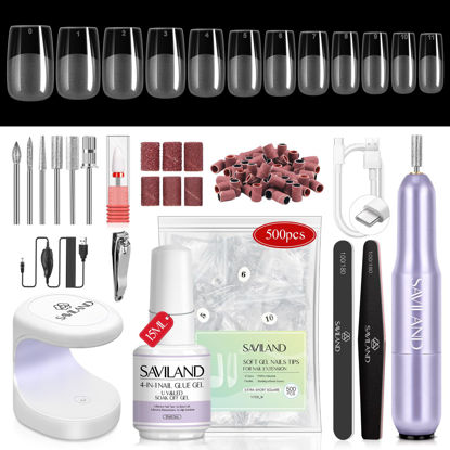 Picture of SAVILAND Gel Nail Kit Extra Short Square - Nail Drill Kit 500 PCS Natural False Nail Tips For Acrylic Nails U V Nail Lamp Manicure Tools for Nail Extension Nail Art For Women Home DIY Nail Salon