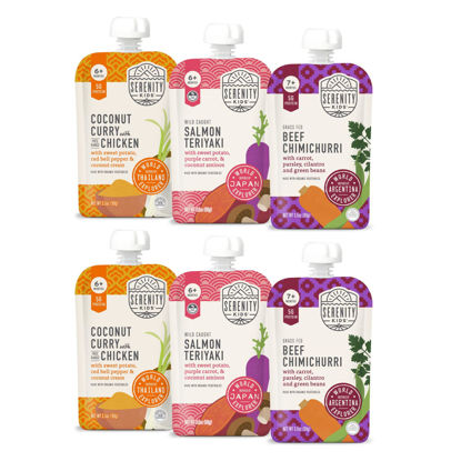 Picture of Serenity Kids 7+ Months World Explorers Baby Food Pouches Puree Made With Ethically Sourced Meats & Organic Veggies | 3.5 Ounce BPA-Free Pouch | World Explorers Intro Pack | 6 Count