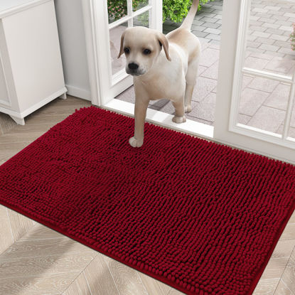 Picture of OLANLY Dog Door Mat for Muddy Paws 30x20, Absorbs Moisture and Dirt, Absorbent Non-Slip Washable Mat, Quick Dry Chenille, Mud Mat for Dogs, Entry Indoor Door Mat for Inside Floor, Red