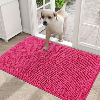 Picture of OLANLY Dog Door Mat for Muddy Paws 30x20, Absorbs Moisture and Dirt, Absorbent Non-Slip Washable Mat, Quick Dry Chenille, Mud Mat for Dogs, Entry Indoor Door Mat for Inside Floor, Hot Pink