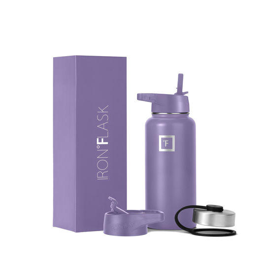 Picture of IRON °FLASK Camping & Hiking Hydration Flask, Wide Mouth, 3 Straw Lids, Stainless Steel Outdoor Water Bottle, Double Walled, Insulated Thermos, Metal Canteen - Lavender, 32 Oz