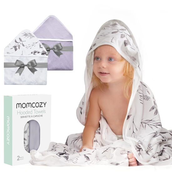 Picture of Momcozy Hooded Baby Towel, 2 Pack and Cotton Bath Towel with Hooded, Large 35 X 35 Inch, Baby Towel Set for Boy or Girl,Infant and Kid, Ink Wash Leaves