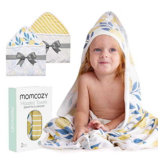 Picture of Momcozy Hooded Baby Towel, 2 Pack Baby Bath Towel Set with Large 35 X 35 Inch, Super Soft Cotton and Hooded Towel for Newborn, Toddler and Kid, Lemon Leaves