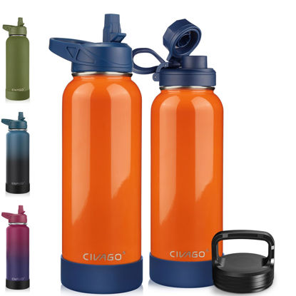 Picture of CIVAGO 40 oz Insulated Water Bottle With Straw, Stainless Steel Sports Water Cup Flask with 3 Lids (Straw, Spout and Handle Lid), Double Walled Travel Thermal Canteen Mug, Deep Orange