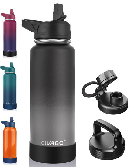 Picture of CIVAGO 40 oz Insulated Water Bottle With Straw, Stainless Steel Sports Water Flask Cup with 3 Lids (Straw, Portable Spout and Handle Lid), Double Walled Travel Thermal Canteen Mug, Dreamy Black Gray