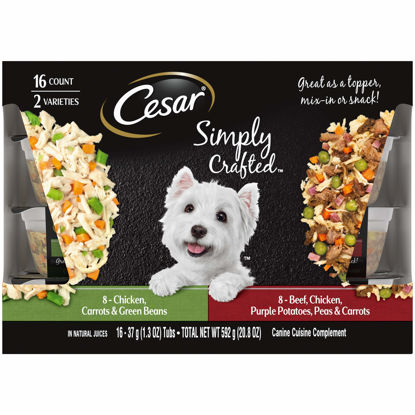 Picture of CESAR Simply Crafted Adult Wet Dog Food Meal Topper, Chicken, Carrots & Green Beans and Beef, Chicken, Purple Potatoes, Peas & Carrots Variety Pack, 1.3 oz., Pack of 16