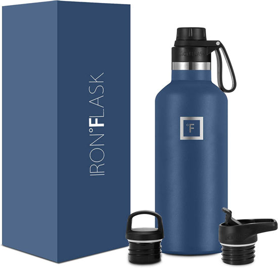 Picture of IRON °FLASK Camping & Hiking Hydration Canteens - 3 Lids (Narrow Spout Lid) Leak Proof Vacuum Insulated Stainless Steel - Hot & Cold Double Walled Sports Water Bottle - Twilight Blue, 32 Oz