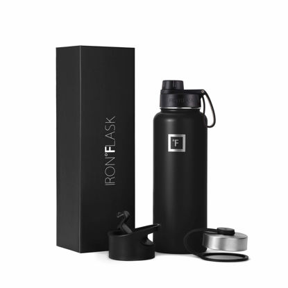 Picture of IRON °FLASK Camping & Hiking Hydration Flask, Wide Mouth, 3 Spout Lids, Stainless Steel Outdoor Water Bottle, Double Walled, Insulated Thermos, Metal Canteen - Midnight Black, 40 Oz