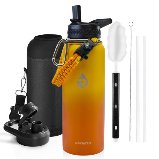 Picture of RAYMYLO Insulated Water Bottle 40 oz, Triple Wall Vacuum Stainless Steel (Cold for 48 Hrs), Leak Proof & Non-BPA, Modern Water Flask Jug with Paracord Handle & Straw Spout Lids, Ombre Orange