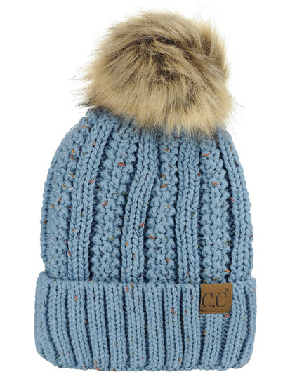 Picture of C.C Thick Cable Knit Faux Fuzzy Fur Pom Fleece Lined Skull Cap Cuff Beanie, Confetti Denim