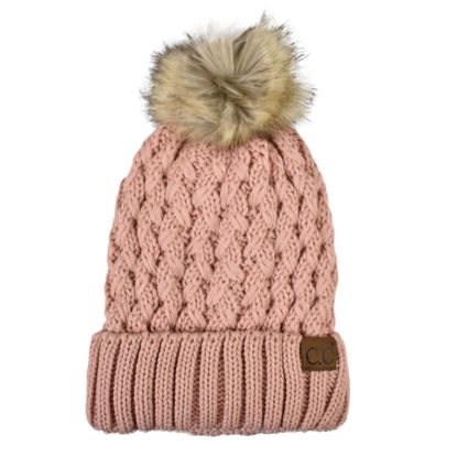 Picture of C.C Thick Cable Knit Faux Fuzzy Fur Pom Fleece Lined Skull Cap Cuff Beanie, Lattice Indi Pink