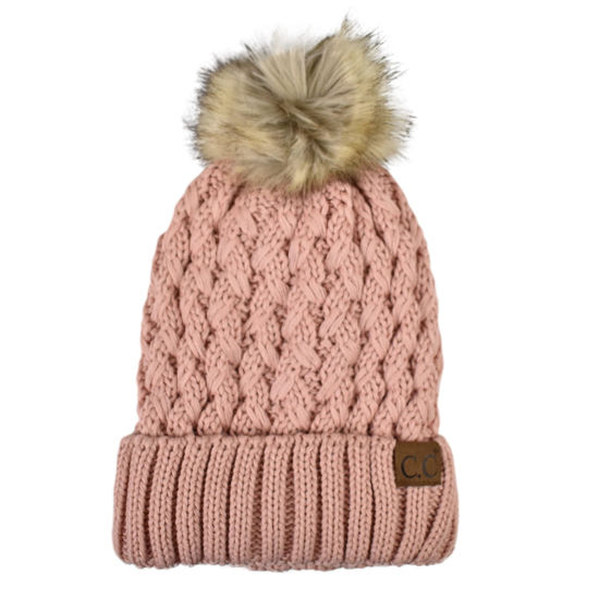 Picture of C.C Thick Cable Knit Faux Fuzzy Fur Pom Fleece Lined Skull Cap Cuff Beanie, Lattice Indi Pink