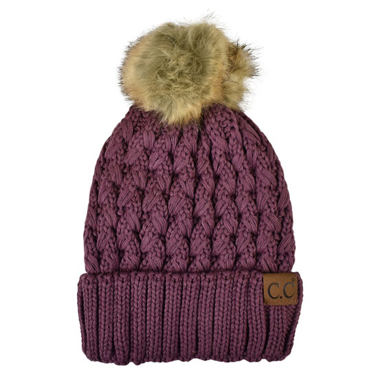 Picture of C.C Thick Cable Knit Faux Fuzzy Fur Pom Fleece Lined Skull Cap Cuff Beanie, Lattice Coco Berry