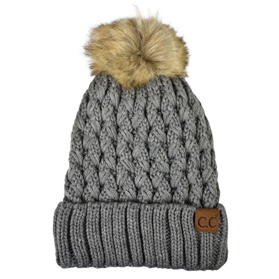 Picture of C.C Thick Cable Knit Faux Fuzzy Fur Pom Fleece Lined Skull Cap Cuff Beanie, Lattice Light Melange Gray