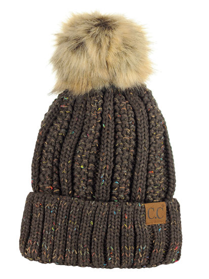 Picture of C.C Thick Cable Knit Faux Fuzzy Fur Pom Fleece Lined Skull Cap Cuff Beanie, Confetti Brown