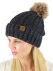 Picture of C.C Thick Cable Knit Faux Fuzzy Fur Pom Fleece Lined Skull Cap Cuff Beanie, Confetti Dark Melange Gray