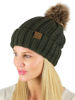 Picture of C.C Thick Cable Knit Faux Fuzzy Fur Pom Fleece Lined Skull Cap Cuff Beanie, Confetti Dark Olive