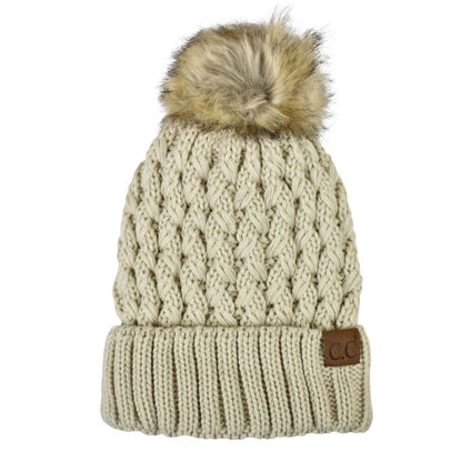 Picture of C.C Thick Cable Knit Faux Fuzzy Fur Pom Fleece Lined Skull Cap Cuff Beanie, Lattice Beige