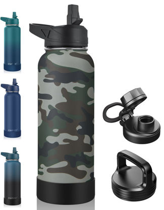 Picture of CIVAGO 40 oz Insulated Water Bottle With Straw, Stainless Steel Sports Water Flask Cup with 3 Lids (Straw, Portable Spout and Handle Lid), Double Walled Travel Thermal Canteen Mug, Camo