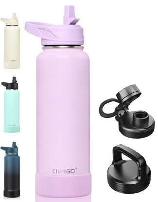 Picture of CIVAGO 40 oz Insulated Water Bottle With Straw, Stainless Steel Sports Water Flask Cup with 3 Lids (Straw, Spout and Handle Lid), Double Walled Travel Thermal Canteen Mug, Lavender