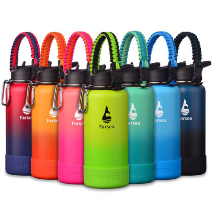 Picture of Farsea Insulated Water Bottle With Paracord Handle, Protective Silicone Boot and 2 Lids (Straw Lid & Spout Lid), Stainless Steel Water Bottle Wide Mouth, Double Wall Sweat-Proof BPA-Free, 32 oz