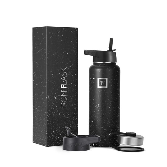 Picture of IRON °FLASK Sports Water Bottle - Wide Mouth with 3 Straw Lids - Stainless Steel Gym & Outdoor Bottles for Men, Women & Kids - Double Walled, Insulated Thermos, Metal Canteen - Black Speckle, 40 Oz