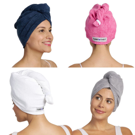 Picture of Turbie Twist Microfiber Hair Towel Wrap - for Women, Men & Kids - Travel & Bathroom Essential - Quick Dry Hair Turban for Curly, Long & Thick Hair - 4 Pack (Pink, Blue, Grey, White)