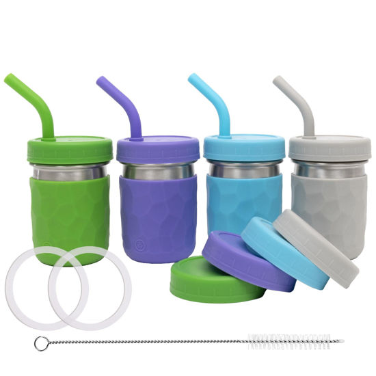 Picture of WeeSprout 2-in-1 Drinking Cups for Kids, Durable Stainless Steel Tumbler for Smoothies, Silicone Straws with Stoppers, Premium Plastic Twist Lids, Easy-Grip Sleeves, Set of 4 Dishwasher Safe Kid Cups