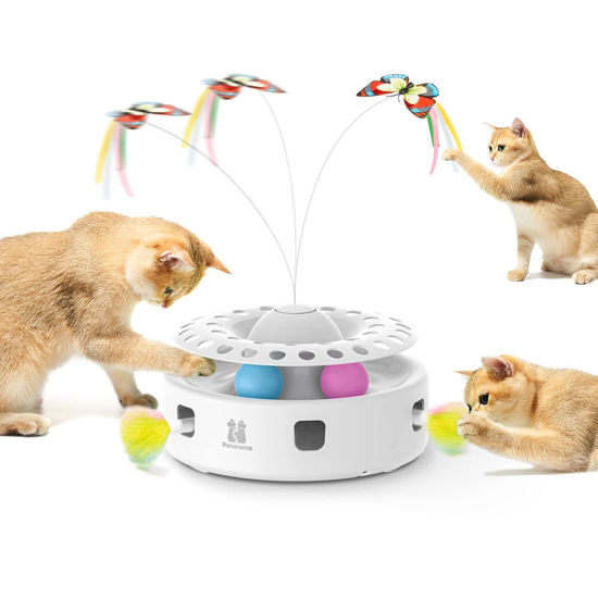 Picture of Potaroma Cat Toys 3in1 Automatic Interactive Kitten Toy, Fluttering Butterfly, Moving Ambush Feather, Track Balls, Dual Power Supplies, USB Powered, Indoor Exercise Kicker (Bright White)