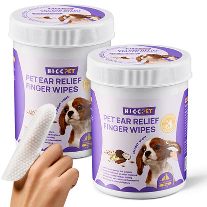 Picture of HICC PET Ear Finger Wipes for Dogs & Cats - Gently Remove Ear Wax, Debris - Sooths & Deodorizes - Relieve Ear Itching & Inflammation, Fresh Coconut Scent, All Natural Ingredients - 100 Count