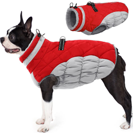 Picture of AOFITEE Dog Coat, Warm Dog Jacket Dog Winter Coats, Reflective Turtleneck Dog Fleece Vest with Harness Built in, Waterproof Windproof Dog Snow Jacket Snowsuit for Small Medium Large Dogs Christmas Red