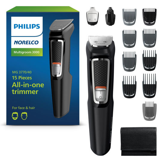 Picture of Norelco Philips Multigroom Series 3000, All-in-One Trimmer and Hair Clipper, 15-Piece Men's Grooming Kit for Beard, Face, Nose, and Ear, No Blade Oil Needed, Storage Pouch, MG3770/40