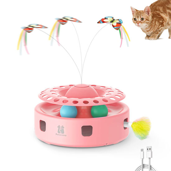 Picture of Potaroma Cat Toys 3-in-1 Automatic Interactive Kitten Toy, Fluttering Butterfly, Random Moving Ambush Feather, Track Balls, Dual Power Supplies, USB Powered, Indoor Exercise Cat Kicker (Pink)