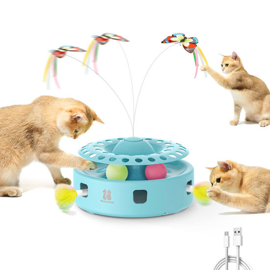 Picture of Potaroma Cat Toys 3-in-1 Automatic Interactive Kitten Toy, Fluttering Butterfly, Random Moving Ambush Feather, Track Balls, Dual Power Supplies, USB Powered, Indoor Exercise Cat Kicker (Blue)