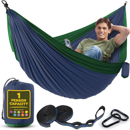 Picture of Durable Hammock 400 lb Capacity, Nylon Camping Hammock Chair - Double or Single Sizes w/Tree Straps and Attached Carry Bag - for Travel/Backpacking/Beach/Backyard (Medium, Dark Blue & Forest Green)