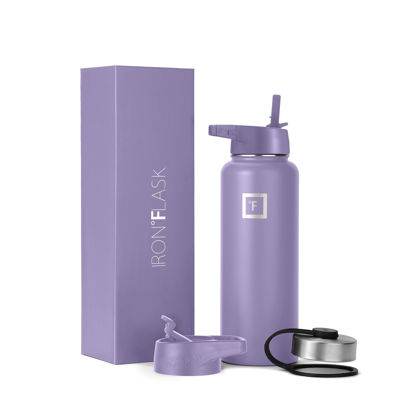 Picture of IRON °FLASK Camping & Hiking Hydration Flask, Wide Mouth, 3 Straw Lids, Stainless Steel Outdoor Water Bottle, Double Walled, Insulated Thermos, Metal Canteen - Lavender, 40 Oz