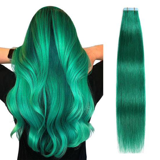 Picture of SUYYA Tape in Hair Extensions Human Hair Teal Green Tape in Hair Extensions 18 Inch 10PCS/Pack Straight Tape in Extensions 25g