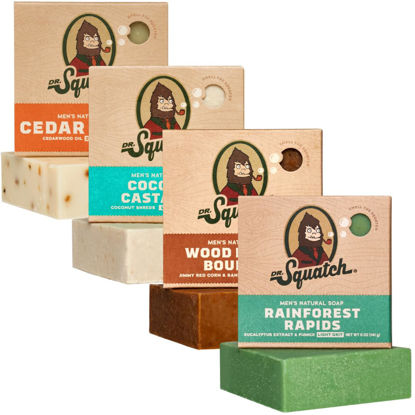 Picture of Dr. Squatch All Natural Bar Soap for Men, 4 Bar Variety Pack - Men's Natural Bar Soap - Rainforest Rapids, Wood Barrel Bourbon, Coconut Castaway, and Cedar Citrus