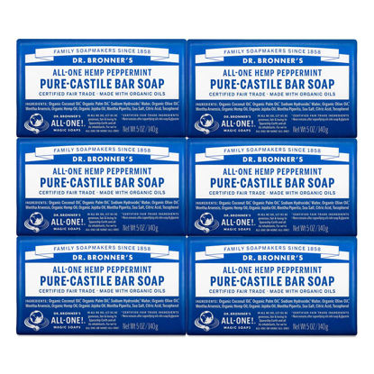 Picture of Dr. Bronner's - Pure-Castile Bar Soap (Peppermint, 5 ounce, 6-Pack) - Made with Organic Oils, For Face, Body & Hair, Gentle & Moisturizing, Biodegradable, Vegan, Cruelty-free, Non-GMO