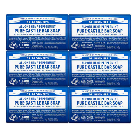 Picture of Dr. Bronner's - Pure-Castile Bar Soap (Peppermint, 5 ounce, 6-Pack) - Made with Organic Oils, For Face, Body & Hair, Gentle & Moisturizing, Biodegradable, Vegan, Cruelty-free, Non-GMO