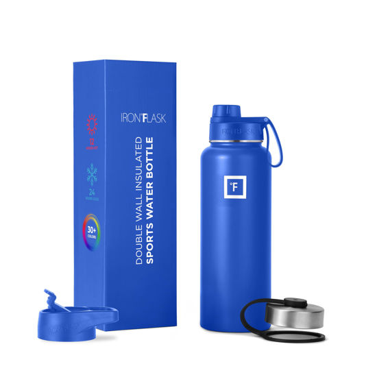 Picture of IRON °FLASK Camping & Hiking Hydration Flask, Wide Mouth, 3 Spout Lids, Stainless Steel Outdoor Water Bottle, Double Walled, Insulated Thermos, Metal Canteen - Cobalt, 40 Oz