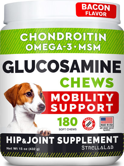 Picture of STRELLALAB Glucosamine Treats for Dogs - Joint Supplement w/Omega-3 Fish Oil - Chondroitin, MSM - Advanced Mobility Chews - Joint Pain Relief - Hip & Joint Care - Bacon Flavor - 180 Ct - Made in USA