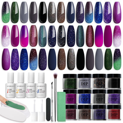 Picture of AZUREBEAUTY 31Pcs Dip Powder Nail Kit Starter, 20 Colors Color Changing Glitter Purple Green Dipping Powder Liquid Set with Base/Top Coat Activator for French Nails Manicure Beginner DIY Salon