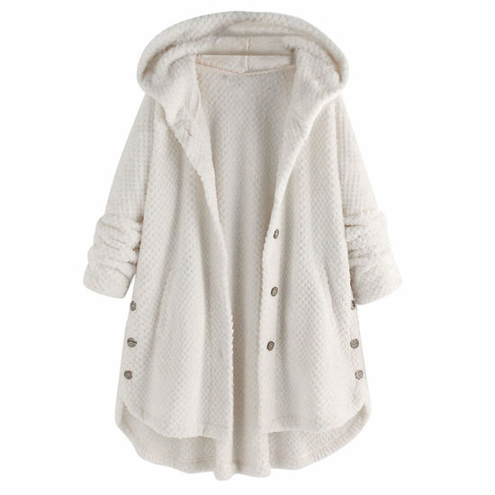 Picture of KASAAS Women's Winter Coats Plus Size Oversized Sherpa Jacket with Hood Pockets Buttons Fall Jacket Warm Clothes Outerwear