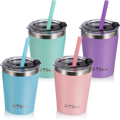 Picture of Tiblue Kids & Toddler Cup - Stainless Steel Water Bottle Spill Proof Insulated Tumbler with Leak Proof Lid & Silicone Straw with Stopper - BPA FREE Smoothie Baby Drinking Cup（4 Pack, 8oz Multicolor）