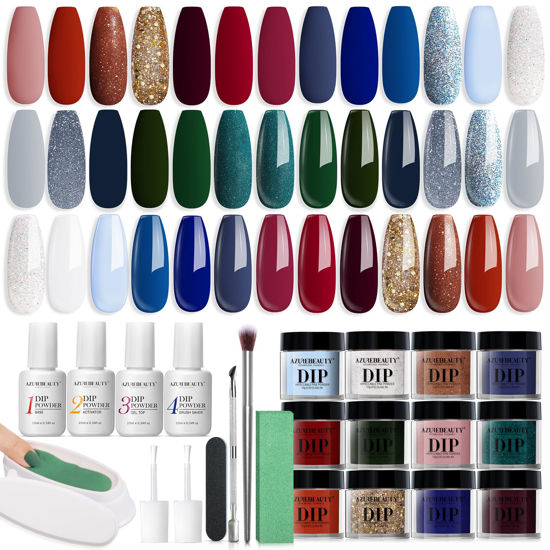 Picture of AZUREBEAUTY 31Pcs Dip Powder Nail Kit Starter, Summer Red Green Glitter Blue White 20 Colors Acrylic Dipping Powder Liquid Set with Top/Base Coat Activator for French Nails Art DIY Salon Easter Gift