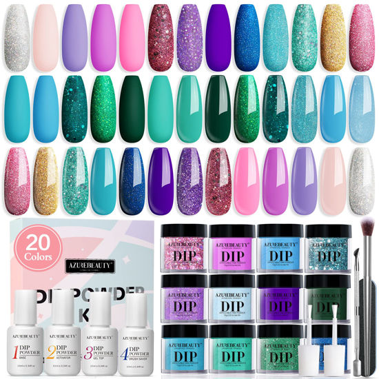 Picture of AZUREBEAUTY 29 Pcs Dip Powder Nail Kit Starter, 20 Colors Glitter Nude Green Mermaid Serie Dip Powders Liquid Set with Base Top Coat Activator French Nails Art Manicure DIY Salon Christmas Gift