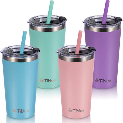 Picture of Tiblue Kids & Toddler Cup - Stainless Steel Water Bottle Spill Proof Insulated Tumbler with Leak Proof Lid & Silicone Straw with Stopper - BPA FREE Smoothie Baby Drinking Cup（4 Pack, 12oz Multicolor）